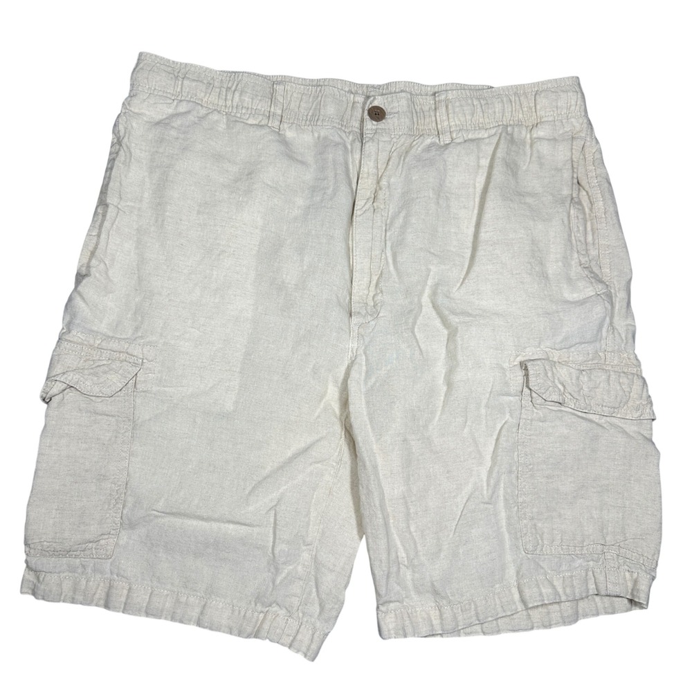 Caribbean Mens Beige 100% Linen Cargo Shorts Band Waist Size 38 Tropical